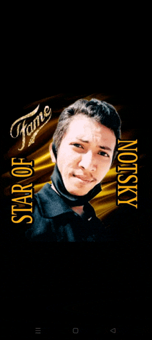 a man wearing a black shirt and a mask with the words star of fame on the bottom right