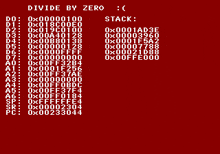 a red screen with white letters that says divide by zero