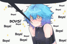 a girl with blue hair and green eyes is surrounded by boys