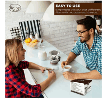 a man and woman sitting at a table with a box of rojoe coffee filters in front of them