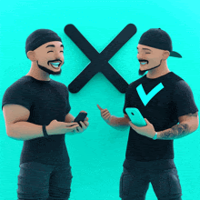 two men are standing next to each other in front of an x on a blue background