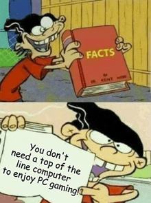 a cartoon character holding a book that says facts