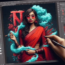 a woman in a red saree is being drawn on a computer screen while smoking a cigarette .