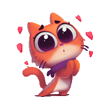 a cartoon cat with big eyes is surrounded by hearts .