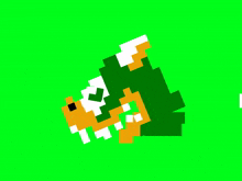 a pixel art of a green and orange frog on a green background