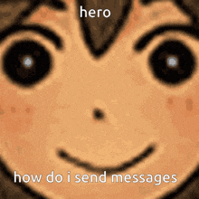a close up of a person 's face with the words " hero how do i send messages " below it