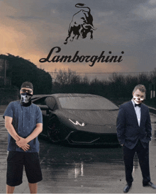 two men in front of a lamborghini car