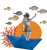 a woman in a diving helmet is standing in a blue paper boat surrounded by fish