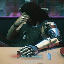 a man with a robot arm is sitting at a table with a knife in his hand and talking to johnny .