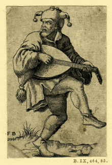 a black and white drawing of a man playing a musical instrument with the number b. ix. on the bottom right