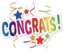 a colorful congratulations sign with stars and ribbons