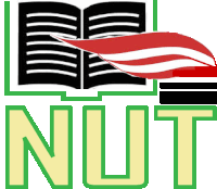 a nut logo with a book and an american flag behind it