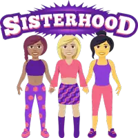 three girls are holding hands in front of a purple sign that says sisterhood