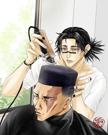 a drawing of a man getting his hair cut by a barber