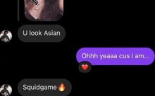 a screenshot of a text message between a man and a woman where the man says u look asian