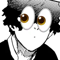 a black and white drawing of a person 's face with large eyes