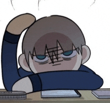 a cartoon boy is sitting at a desk with his head resting on his arm .