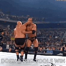 two wrestlers are hugging each other in a wrestling ring with the words `` dosh & pro tools win '' .