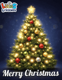 a lucas & friends merry christmas poster with a christmas tree