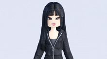 a cartoon girl with long black hair is wearing a black jacket with a zipper