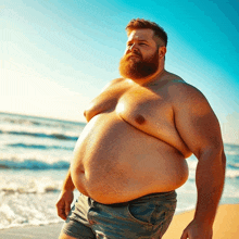 a man with a very large belly is standing on a beach