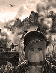 a painting of a man with a mask on his face in front of a tank