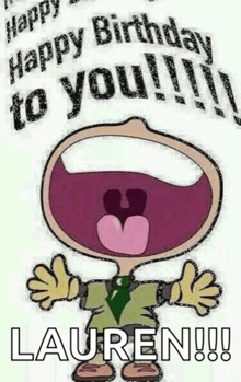 a cartoon of a man with his mouth open saying happy birthday to you lauren