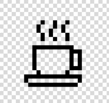 a black and white pixel art icon of a cup of coffee with steam coming out of it on a checkered background .