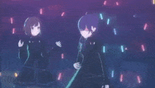two anime characters are dancing in a dark room with chinese writing on the bottom