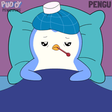 a cartoon of a penguin with an ice pack on his head and a thermometer in its mouth