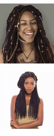 a woman with dreadlocks is smiling and wearing a gold top