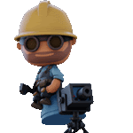 a figurine of a man wearing a hard hat and goggles is sitting on a camera .