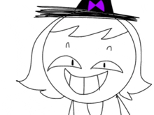 a black and white drawing of a cartoon character wearing a purple hat and bow tie .