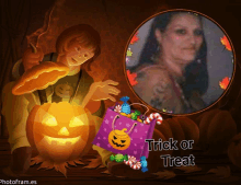 a picture of a witch with a pumpkin and a bag of candy that says trick or treat