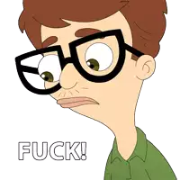 a cartoon of a man wearing glasses with the word fuck written below him