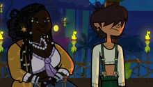 a cartoon of a man and a woman standing next to each other with a torch in the background