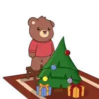 a teddy bear in a red sweater decorates a christmas tree