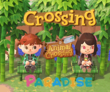 a poster for animal crossing paradise shows a boy and a girl