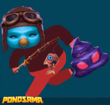 a cartoon character holding a fishing rod and a purple poop with the word pondsama on the bottom