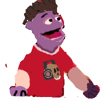 a cartoon character wearing a red shirt with a picture of a skull on it