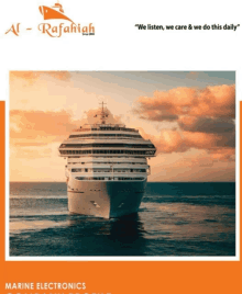 an advertisement for marine electronics shows a large cruise ship in the ocean