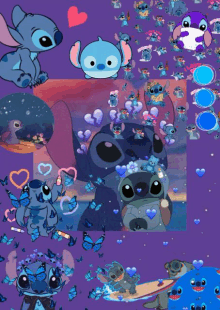 a collage of stitch pictures with butterflies and hearts