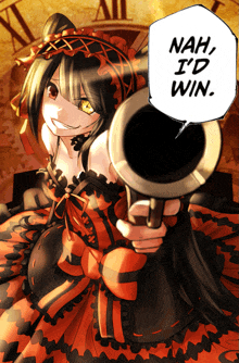 a girl in a red and black dress is holding a gun and says nah i 'd win in a speech bubble