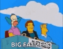 a group of cartoon characters are sitting in front of a cloud and holding signs that say `` big fat zero '' .