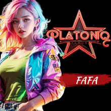 a woman in a colorful jacket is standing in front of a platonic family logo