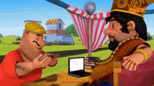 two cartoon characters are sitting at a table with a laptop and a sign that says nonono