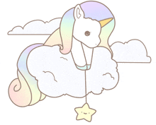 a drawing of a unicorn sitting on a cloud with a star hanging from its tail