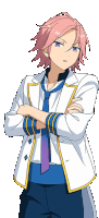 a boy with pink hair and purple eyes is wearing a white jacket and blue tie