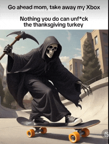 a grim reaper is riding a skateboard with a scythe in his hand