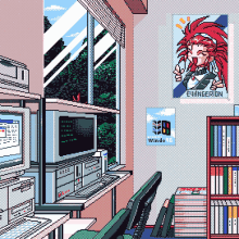 a pixel art drawing of a computer room with a poster that says evangelion